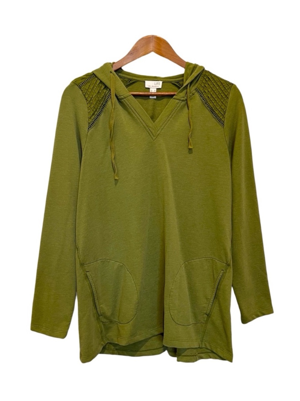 LOGO Life Lori Goldstein Hoodie Womens Medium Green Quilted Shoulder Boho Casual